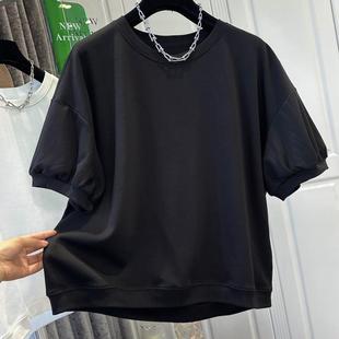 胖mm2 上衣泡泡袖 300斤韩版 T恤女装 气质高级潮 设计感短袖 纯棉大码