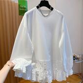 纯棉大码 上衣潮 春秋宽松打底衫 胖mm2 300斤蕾丝镂空拼接t恤女长袖