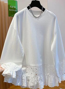 纯棉大码胖mm2-300斤蕾丝镂空拼接t恤女长袖春秋宽松打底衫上衣潮