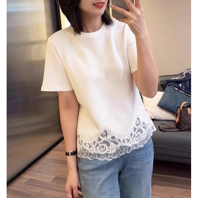 纯棉大码正肩蕾丝拼接短袖t恤女夏季高级感花边宽松百搭慵懒上衣