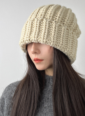 韩国手工粗线针织毛线帽子男女士冬季加厚保暖纯色时尚显脸小冷帽