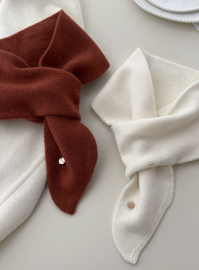 秋冬100%WOOL羊毛围巾女短款保暖韩系穿孔交叉小领巾纯色护颈围脖