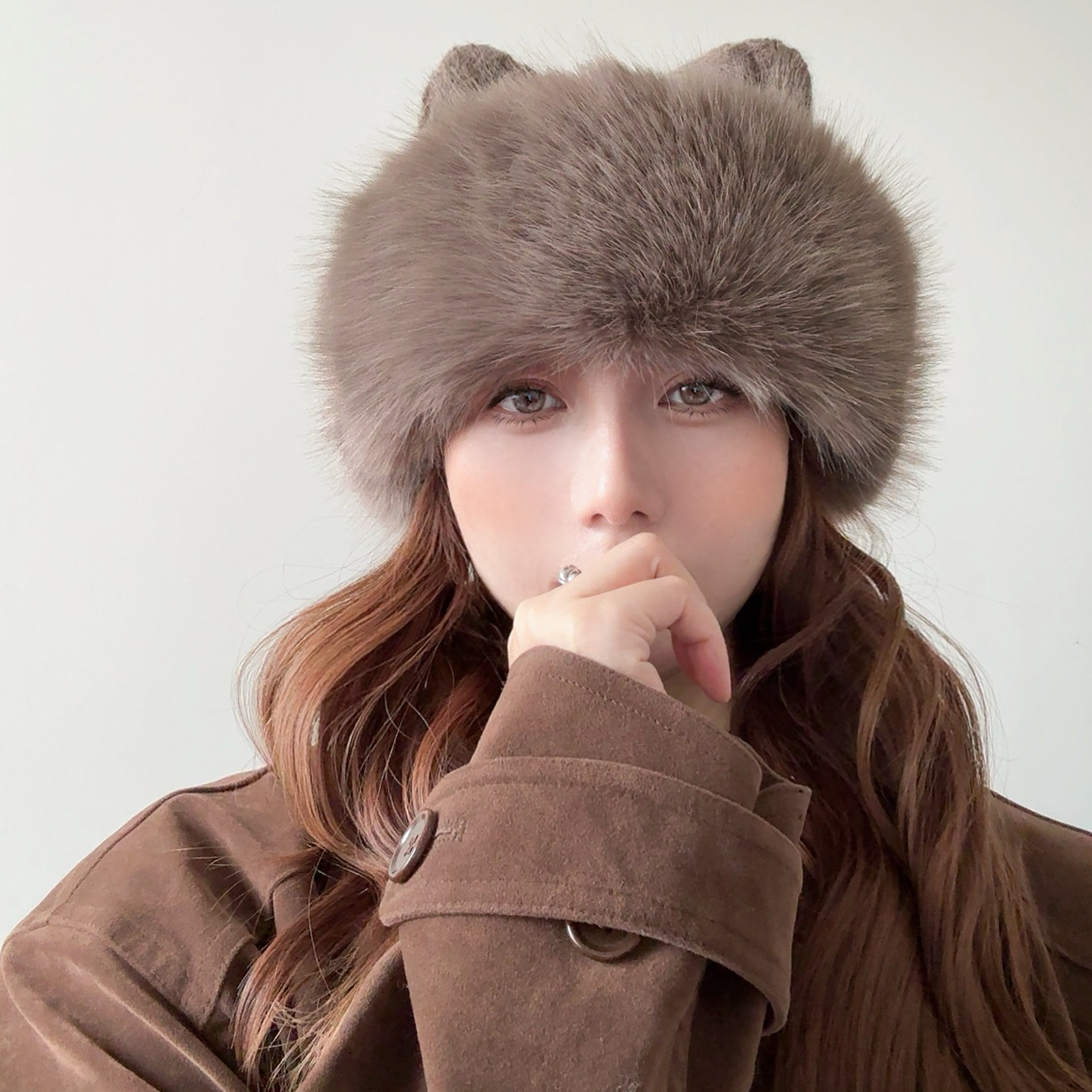 双层加厚毛绒可爱猫耳朵针织帽子