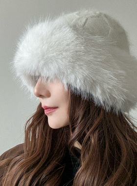防寒保暖帽子~兔毛毛绒蒙古帽女冬季白色双层毛线盆帽毛毛渔夫帽