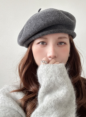 法式艺术感羊毛卷边贝雷帽女秋冬大头围灰色画家帽子显脸小蓓蕾帽
