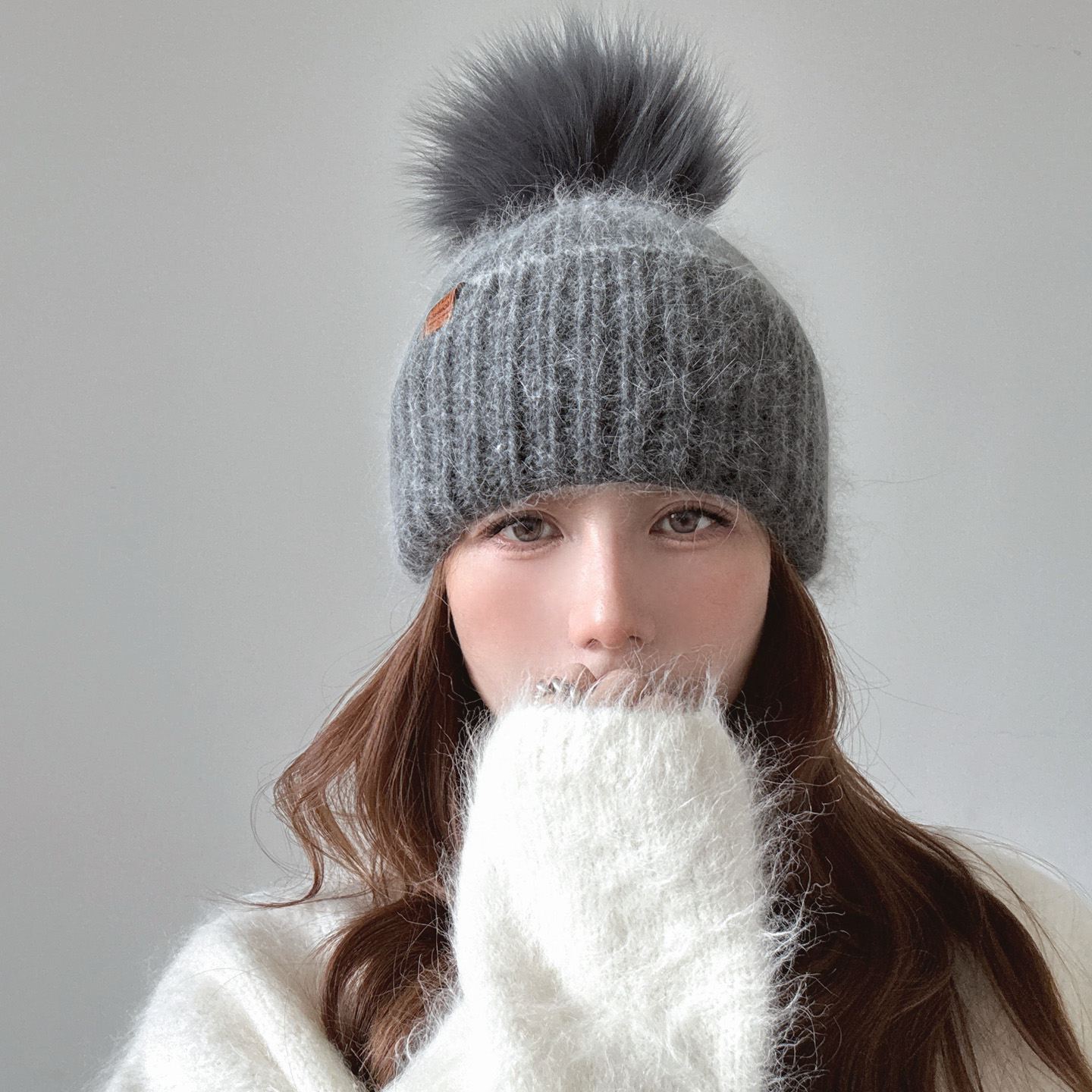 狐狸毛球毛线帽子女秋冬加厚保暖