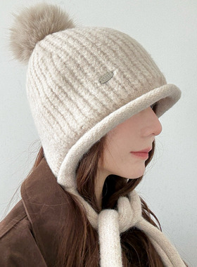 大头围羊毛针织护耳帽子女款冬季显脸小包头飞行帽毛球可爱雷锋帽