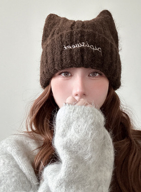 猫耳朵可爱毛线帽女秋冬加厚包头护耳帽大头围显脸小毛绒针织帽子