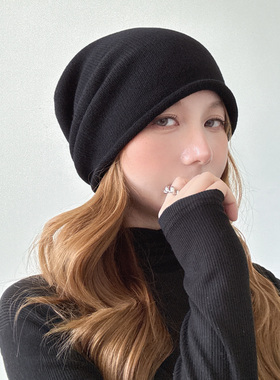100%WOOL纯羊毛黑色毛线帽女秋冬针织帽子显脸小堆堆帽大头围冷帽