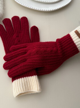 韩系红色羊毛毛线手套女冬季加长保暖针织防冻露指可触屏新年手套