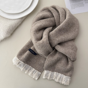 韩系含羊毛针织毛线蕾丝边纯色围巾女冬季 加厚保暖高级感防寒围脖