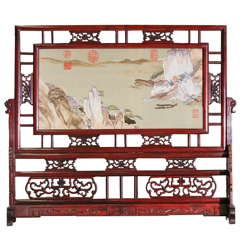 老秀馆蜀绣手工刺绣花梨木山水画屏风摆件双面绣工艺品精品大绣