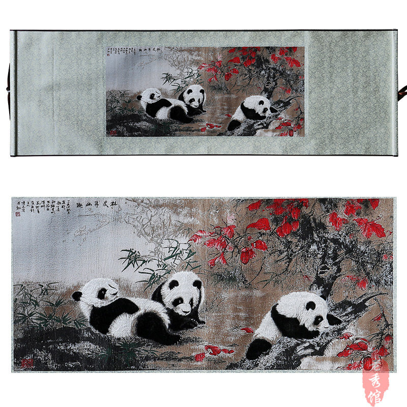 老秀馆蜀锦林泉寻幽趣图熊猫织锦卷轴挂画中国风特色礼物送老外