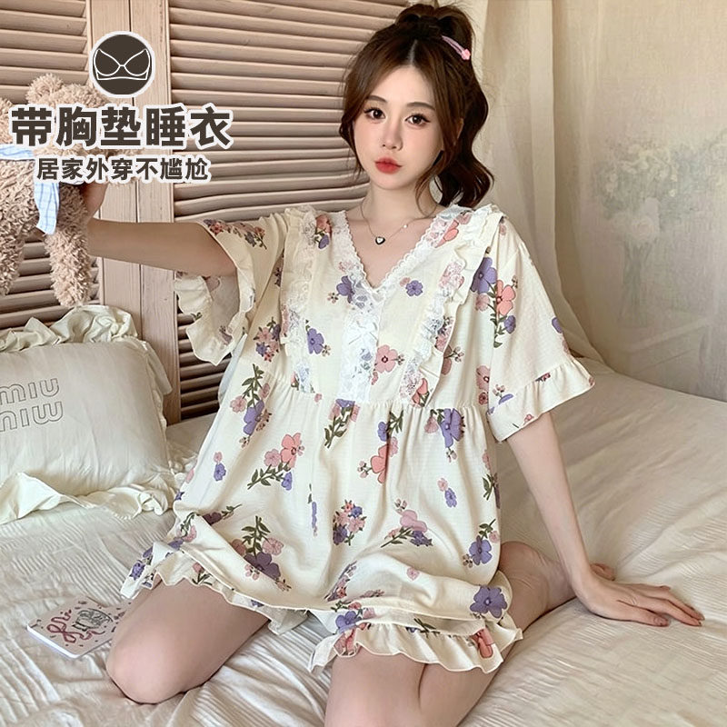 碎花宽松睡衣女2026年新款夏季薄款短袖V领家居服套装大码带胸垫