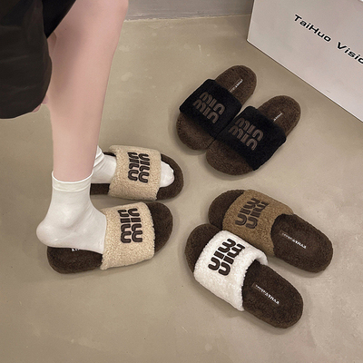 2024新款秋冬季羊羔毛茸茸网红时尚厚底毛毛拖鞋女外穿一字拖毛拖
