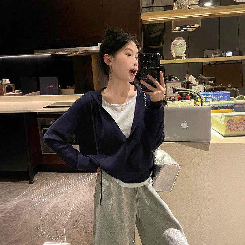 藏青色设计感假两件连帽针织衫女春季韩系薄款慵懒风卫衣T恤上衣