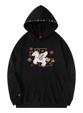 连帽休闲字母帽衫帽檐情侣卫衣天马刺绣国潮刺绣宽松卡通特色重工