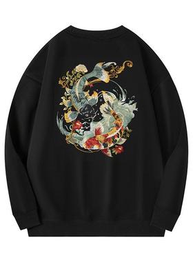 双戏水国潮重磅圆领中国新款棉高端上衣双鱼锦鲤男女风卫衣刺绣