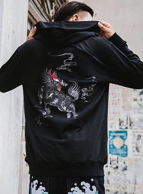 上衣风连帽中国风棉麒麟大码外套卫衣秋冬刺绣宽松男国潮国潮
