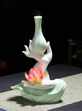 创意新中式陶瓷禅意摆件佛手莲心线香器水培花插家居客厅桌面装饰