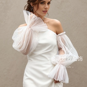 白色褶皱网纱蓬松质感婚纱袖 子仙女感 子黑色礼服配饰活动袖