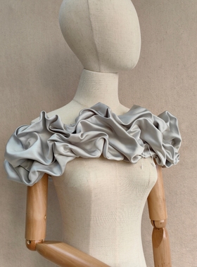 新款气质灰色一字领婚纱配饰缎面泡泡披肩礼物外搭系带调节设计感