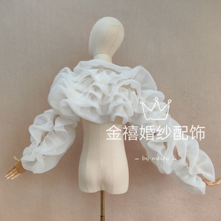 新款白色拖尾袖子礼服配件一字领披肩拍照主持表演走秀婚礼披肩