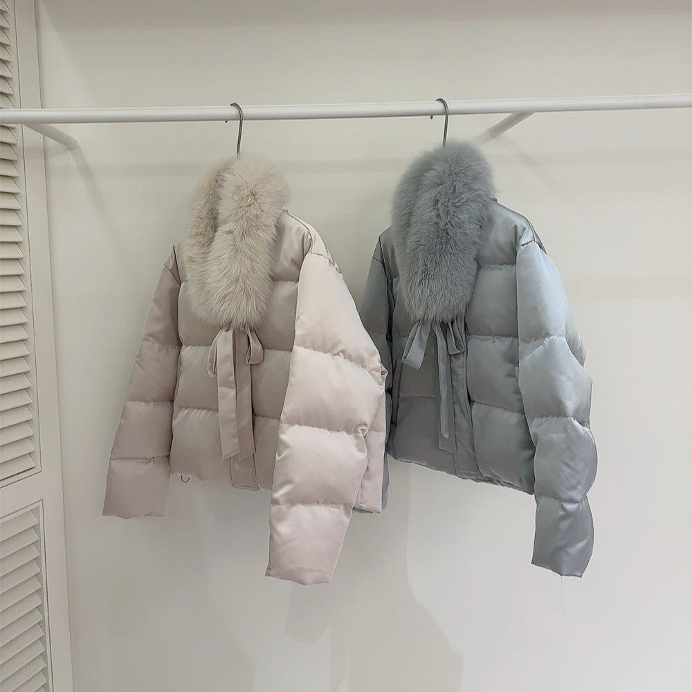 2025冬季韩版小个子可拆卸狐狸毛高级感新短款白鸭绒加厚羽绒服女