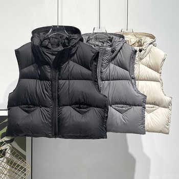 2025欧美秋冬季新款白鹅绒羽绒马甲女小个子连帽宽松短款泡芙背心