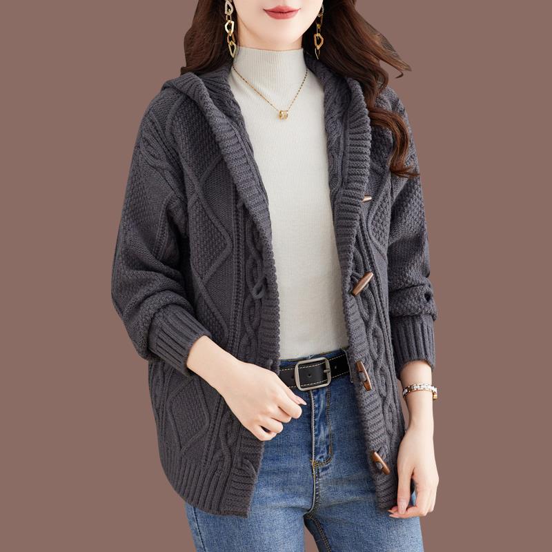 连帽毛衣开衫女春秋装2025年新款宽松外搭羊毛针织粗线外套