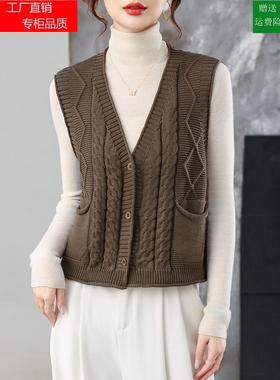 春秋款V领羊毛针织开衫马甲女外搭衬衫叠穿坎肩宽松麻花马夹毛衣