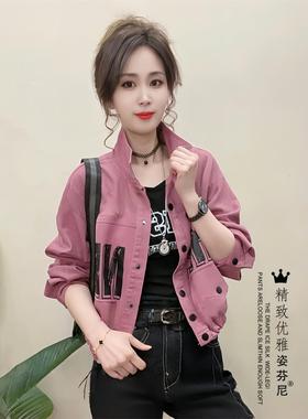 时尚洋气牛仔短外套女早秋新款小个子休闲夹克衫宽松字母长袖上衣