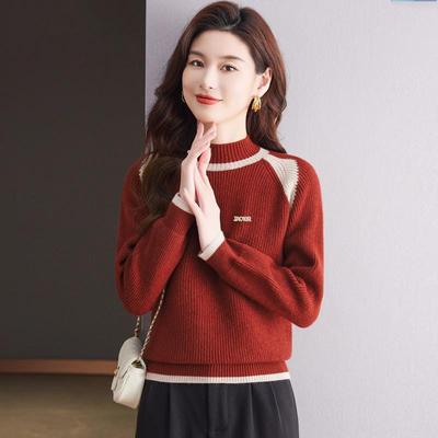 撞色半高领毛衣女2025秋冬季新款加厚宽松时尚内搭针织打底衫上衣