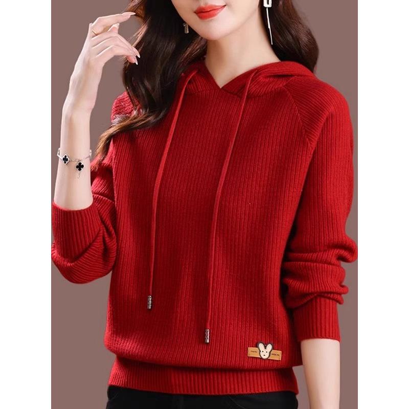 秋季连帽卫衣插肩袖针织毛衣女上衣2025年新款春秋带帽爆款打底衫