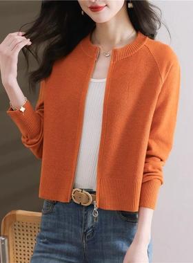 春秋拉链针织开衫女2025新款简约外搭小个子上衣宽松短款毛衣外套