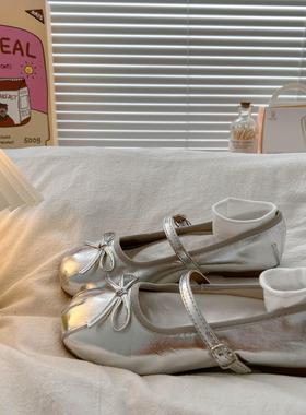 法式平底芭蕾风银色玛丽珍鞋女2025夏季新款一字带配裙子小皮鞋子
