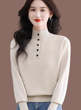 韩式休闲风半高领纽扣毛衣女2025秋冬宽松显瘦羊毛针织打底衫上衣