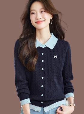 2025春秋翻领羊毛针织开衫女短款拼色上衣洋气时尚披肩毛衣外套