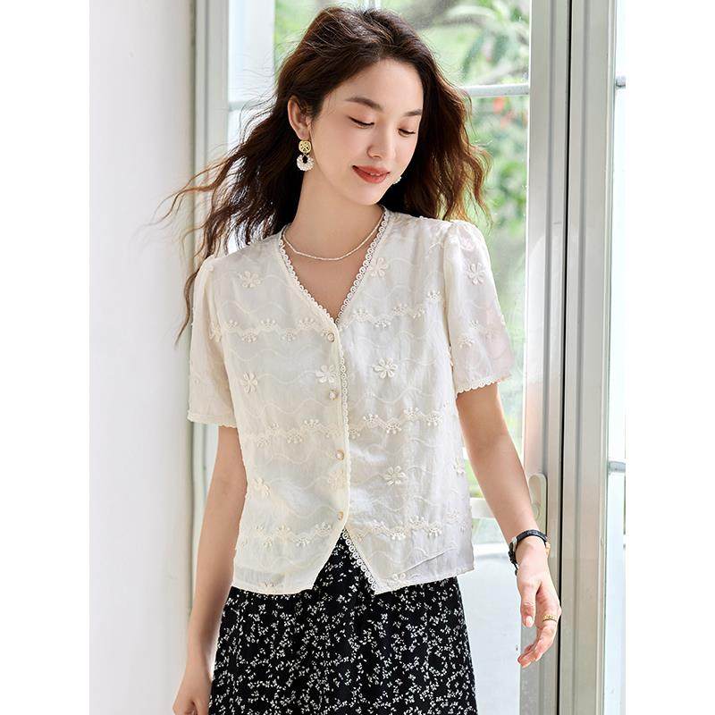 杭州真丝蚕桑丝上衣法式小资衬衣女款2025新款爆款正肩短袖衬衫