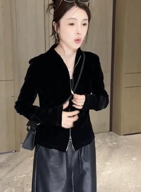 2025秋季新款极简风黑色双拉炼丝绒短外套高级感休闲百搭开衫上衣