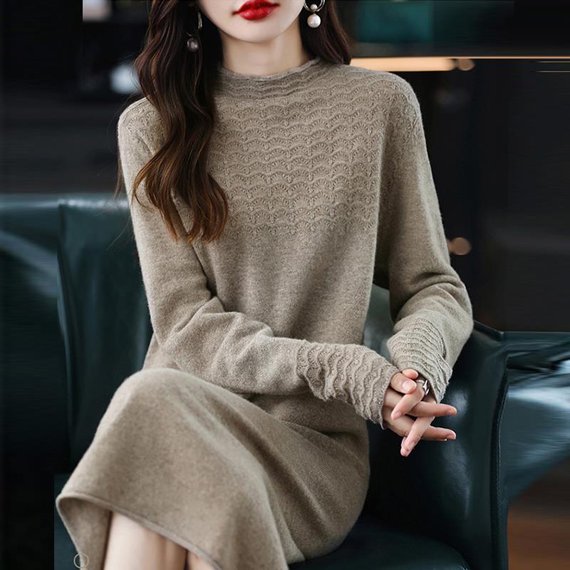 半高领羊毛衫女连衣裙秋冬宽松过膝针织打底羊毛毛衣中长款毛衣裙