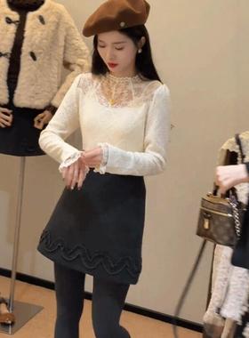 2025秋冬季新款法式蕾丝拼接内搭打底衫上衣女搭显瘦半身裙两件套