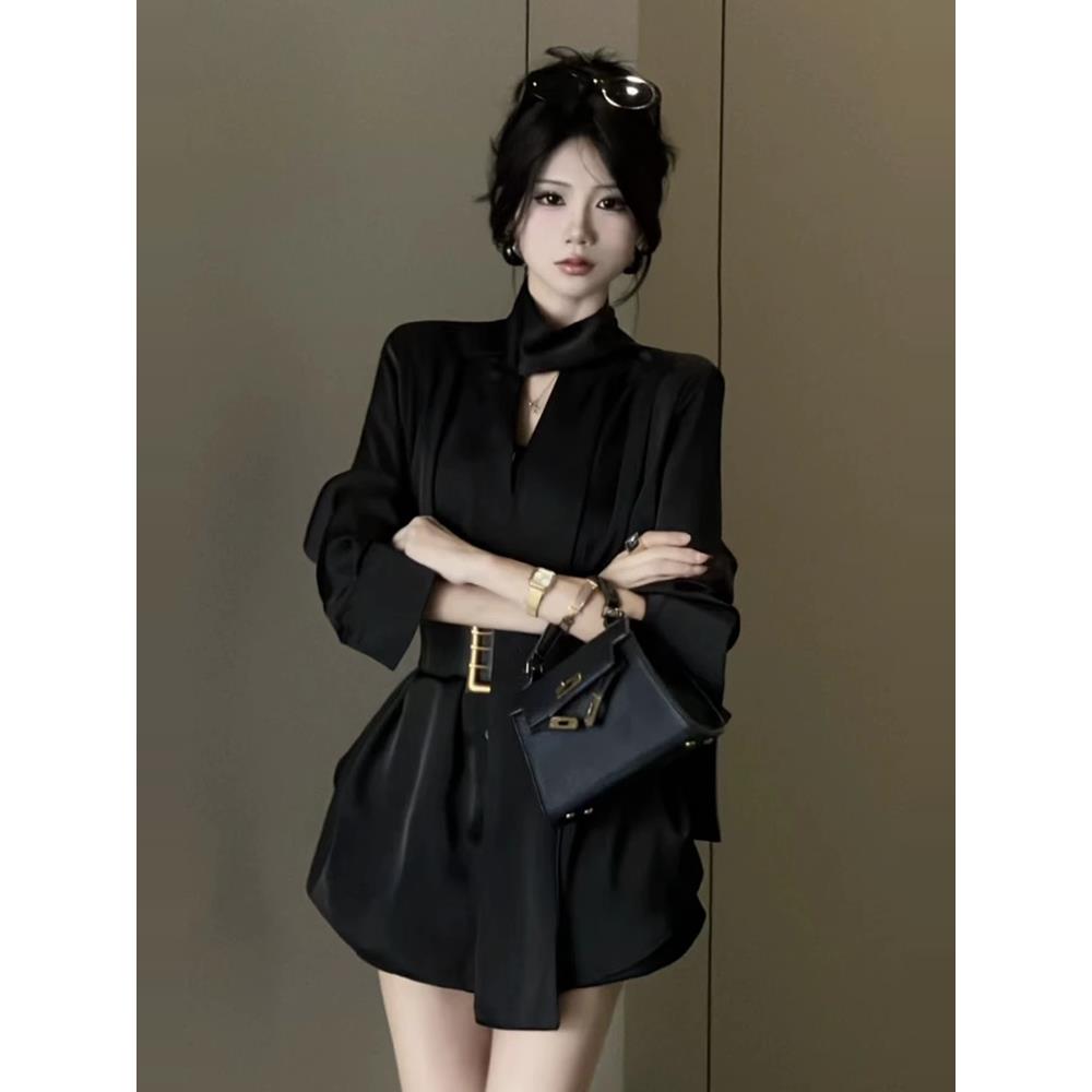 2025春季新法式高级感气质长袖衬衫连衣裙搭高腰显瘦短裤两件套女