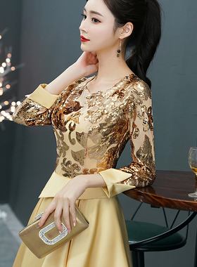 金色晚礼服女高级感高贵年轻妈妈婚宴装小个子年会主持人连衣裙