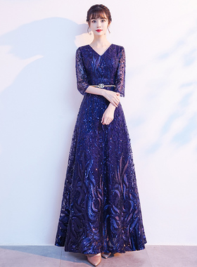 蓝色晚礼服女宴会长款气质高端轻奢小众主持人连衣裙大合唱演出服
