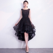 黑色晚礼服女宴会高贵气质名媛前短后长学生毕业派对小礼服连衣裙