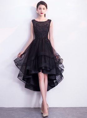 黑色晚礼服女宴会高贵气质名媛前短后长学生毕业派对小礼服连衣裙