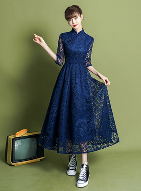 蓝色蕾丝晚礼服女平时可穿气质宴会新中式喜婆婆妈妈婚宴装连衣裙
