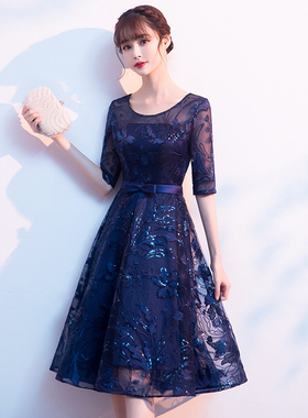 蓝色晚礼服女气质高端轻奢小众宴会主持人妈妈婚宴连衣裙平时可穿