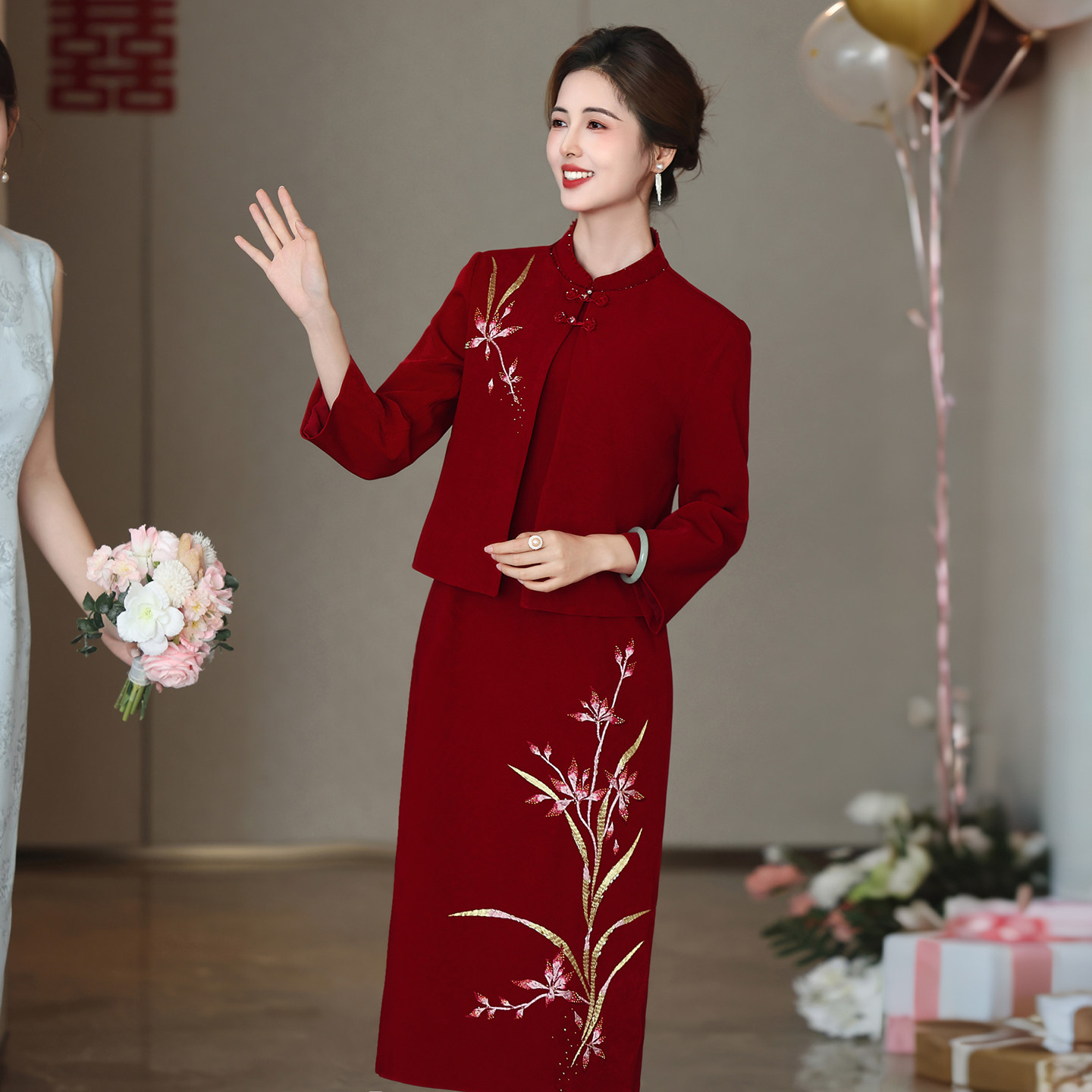 红色喜婆婆婚宴装旗袍套装新中式秋季长袖高端妈妈结婚礼服两件套